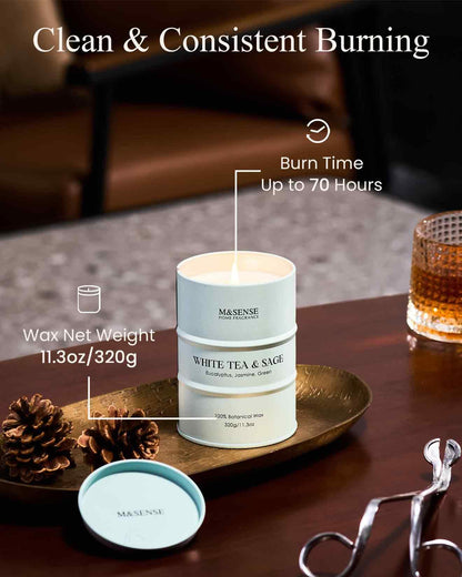 M&amp;SENSE White Tea Sage Candle – Non-Toxic Soy Blend, Aromatherapy, 11.3oz, 70-Hour Burn