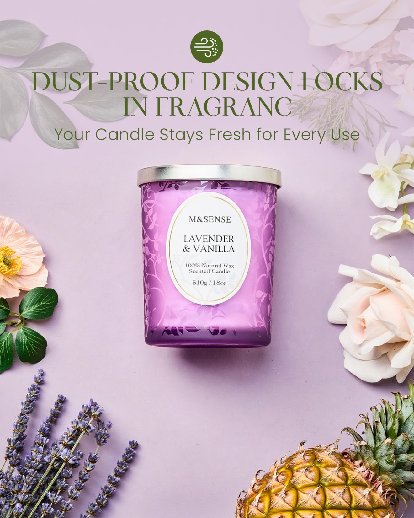 M&SENSE Lavender Vanilla Candle | 18oz Soy Wax, Wooden Wick, 100+ Hours