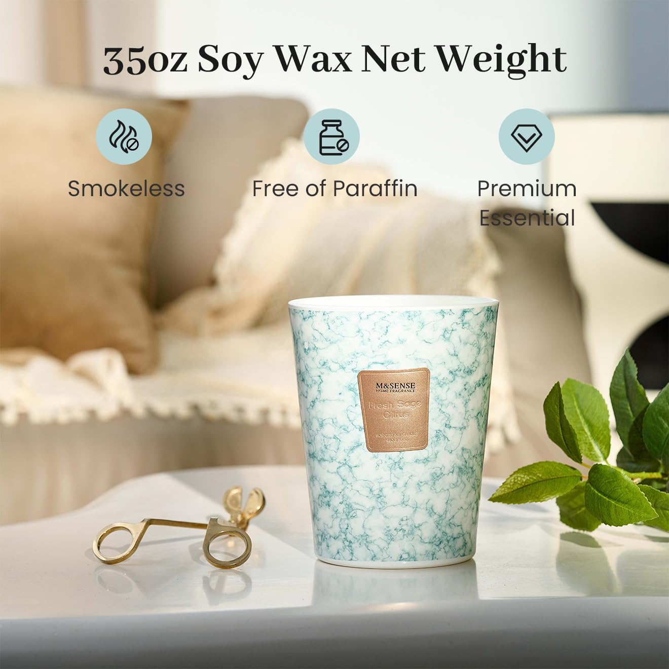 M&SENSE 35oz Extra Large Candle – 150H Fresh Sage Citrus, 3-Wick Soy Jar