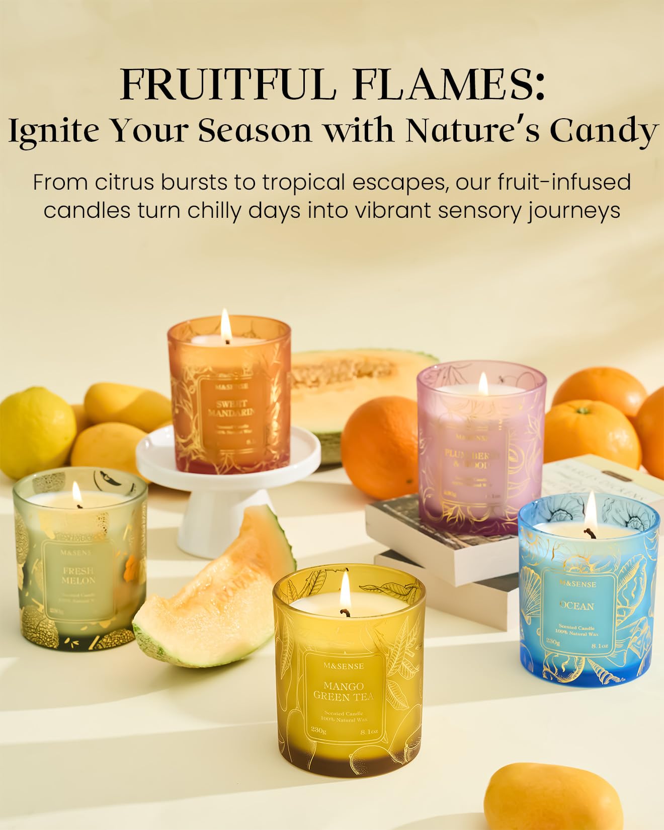 M&SENSE Fresh Melon Wooden Scented Soy Candle – Vegan, Toxin-Free, 8.1oz, 42-Hour Burn