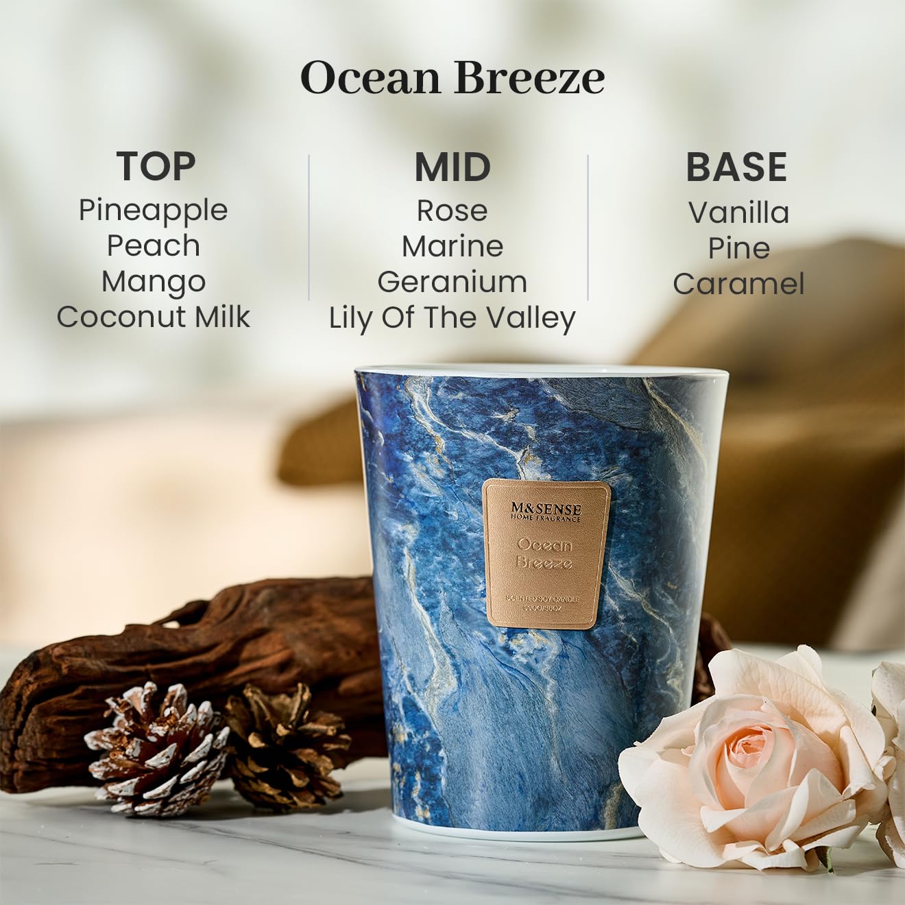 M&SENSE Extra Large Candle 35oz Ocean Breeze – 3-Wick, 150H Burn Time