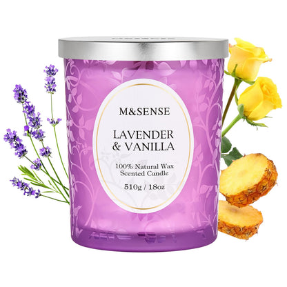 M&SENSE Lavender Vanilla Candle | 18oz Soy Wax, Wooden Wick, 100+ Hours