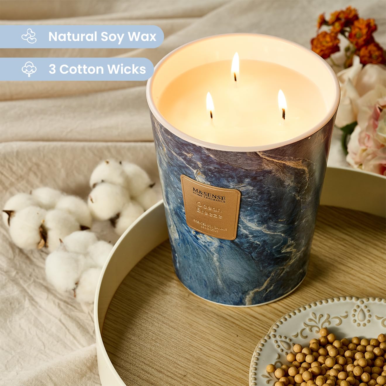 M&SENSE Extra Large Candle 35oz Ocean Breeze – 3-Wick, 150H Burn Time