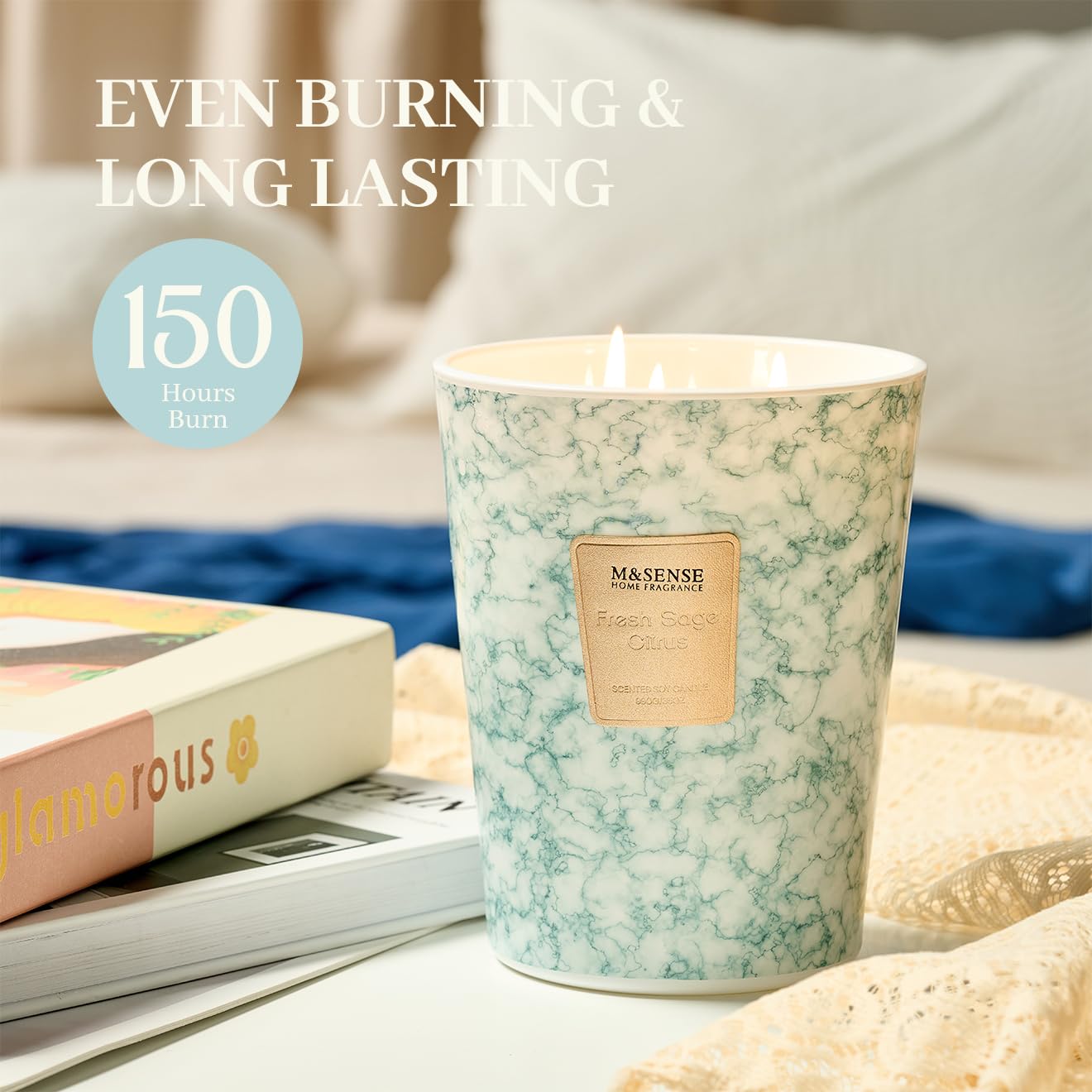 M&SENSE 35oz Extra Large Candle – 150H Fresh Sage Citrus, 3-Wick Soy Jar