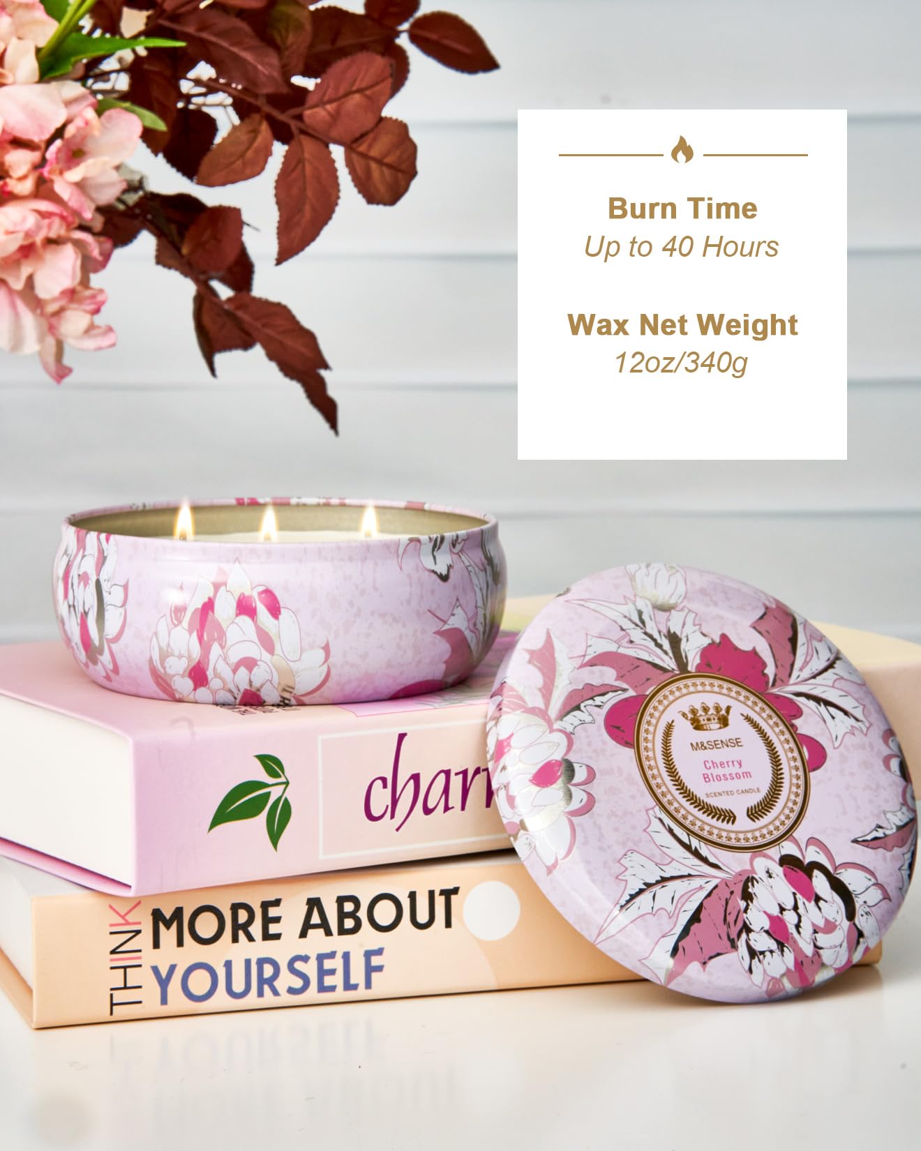 M&SENSE Cherry Blossom 3-Wick Soy Candle – 40+ Hr Burn, Vegan Wax