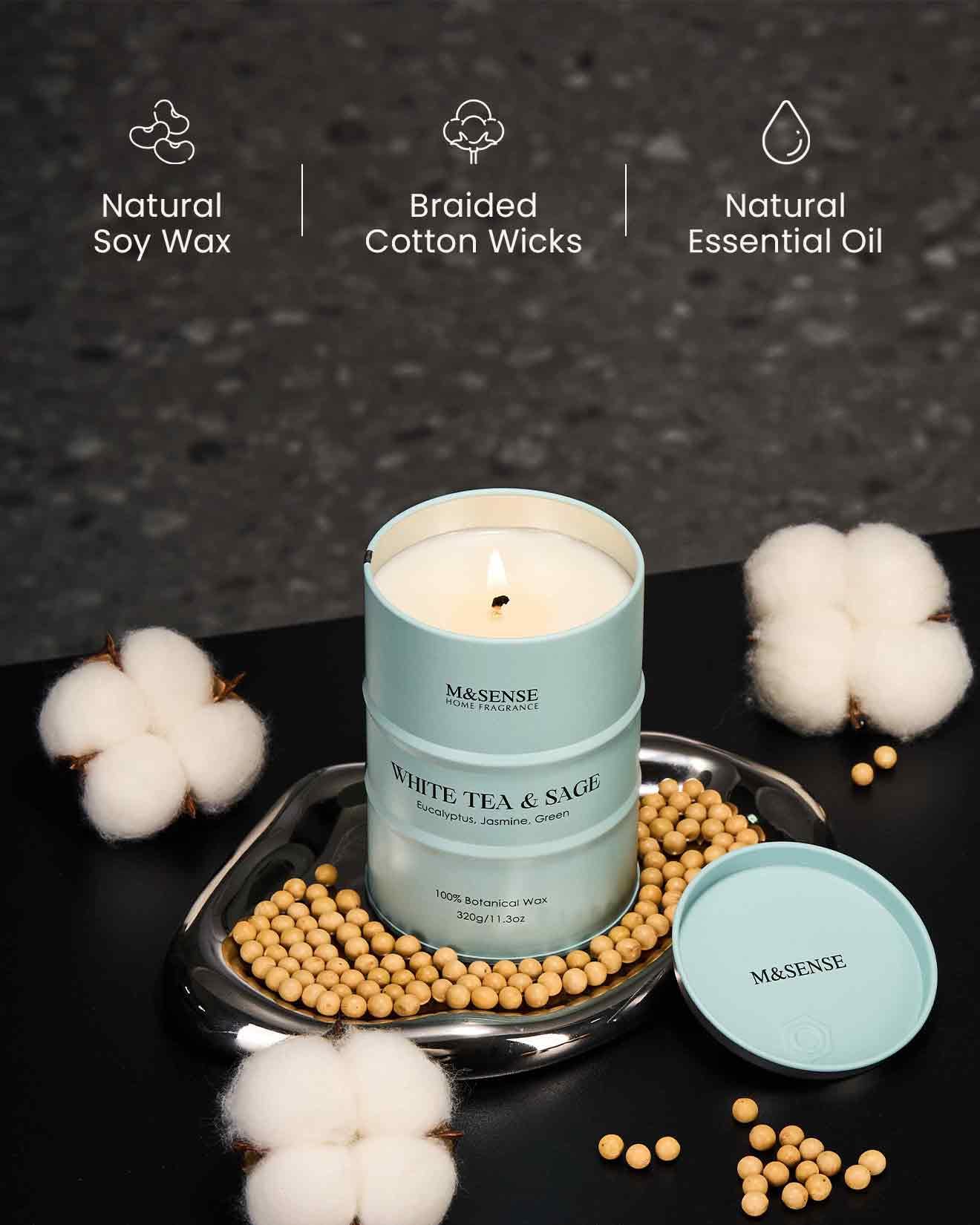 M&amp;SENSE White Tea Sage Candle – Non-Toxic Soy Blend, Aromatherapy, 11.3oz, 70-Hour Burn