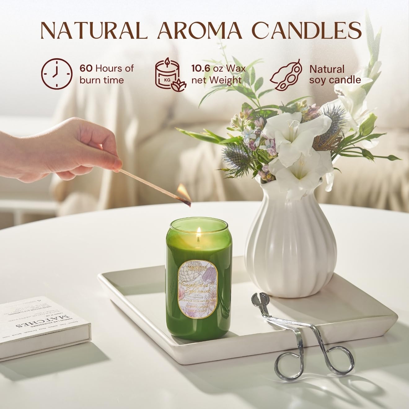 M&SENSE Green Soy Scented Candle - Eucalyptus Mint, 10.6 oz, 60-Hour Burn