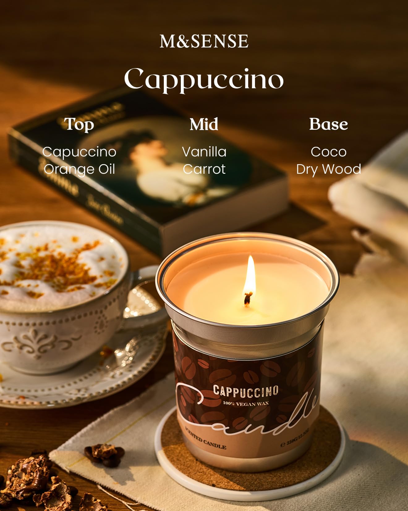 M&SENSE Cappuccino Coffee Scented Candle – 7oz Soy Wax, 42 Hours Burn, Cozy Home Decor