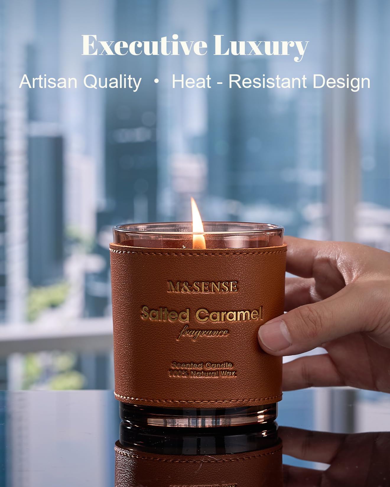 M&SENSE Caramel Vanilla Scented Vegan Soy Candle | 10oz, 42-Hour Slow Burn | Leather-Jacket Jar