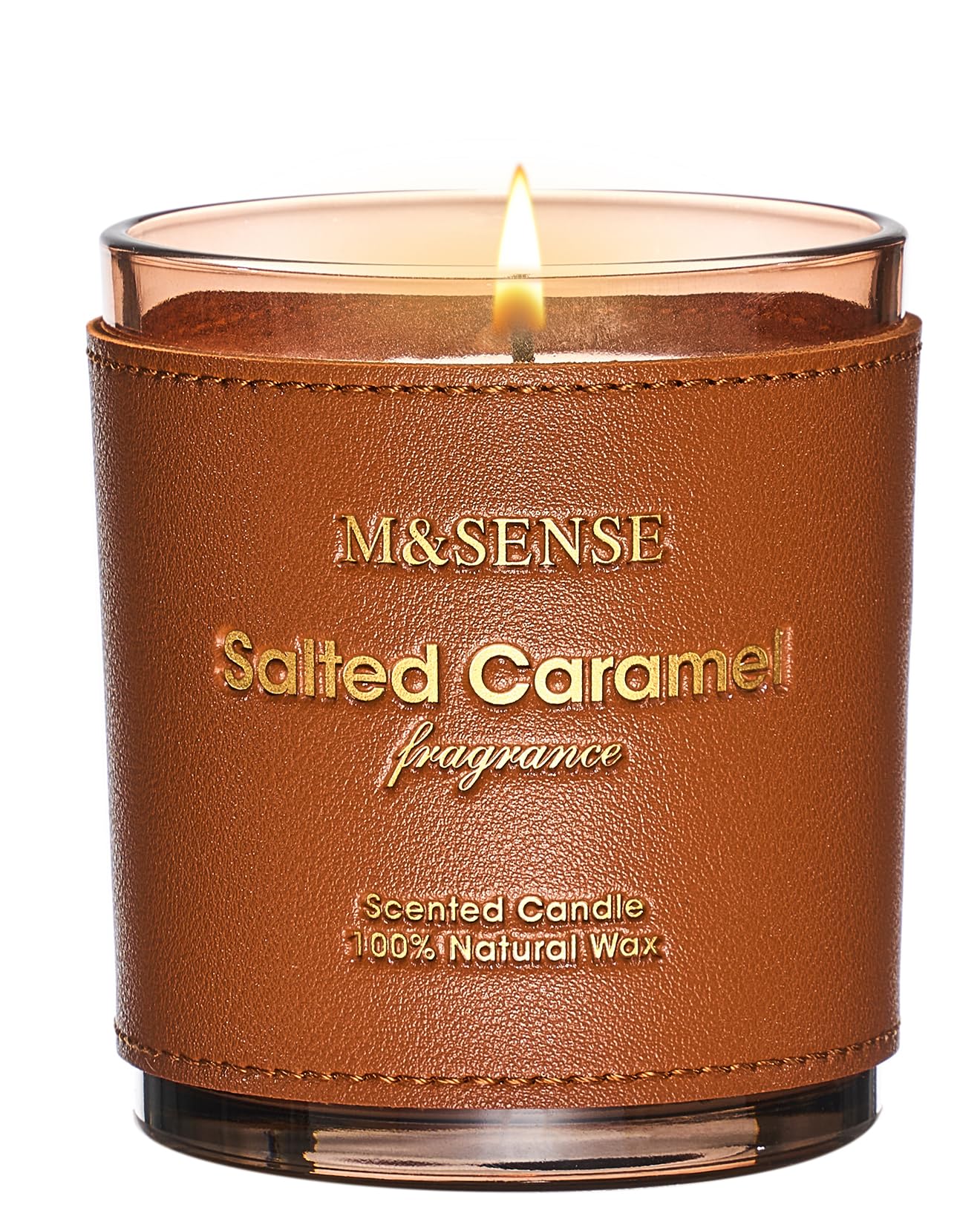 M&SENSE Caramel Vanilla Scented Vegan Soy Candle | 10oz, 42-Hour Slow Burn | Leather-Jacket Jar