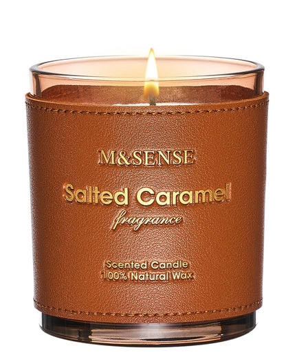M&SENSE Caramel Vanilla Scented Vegan Soy Candle | 10oz, 42-Hour Slow Burn | Leather-Jacket Jar