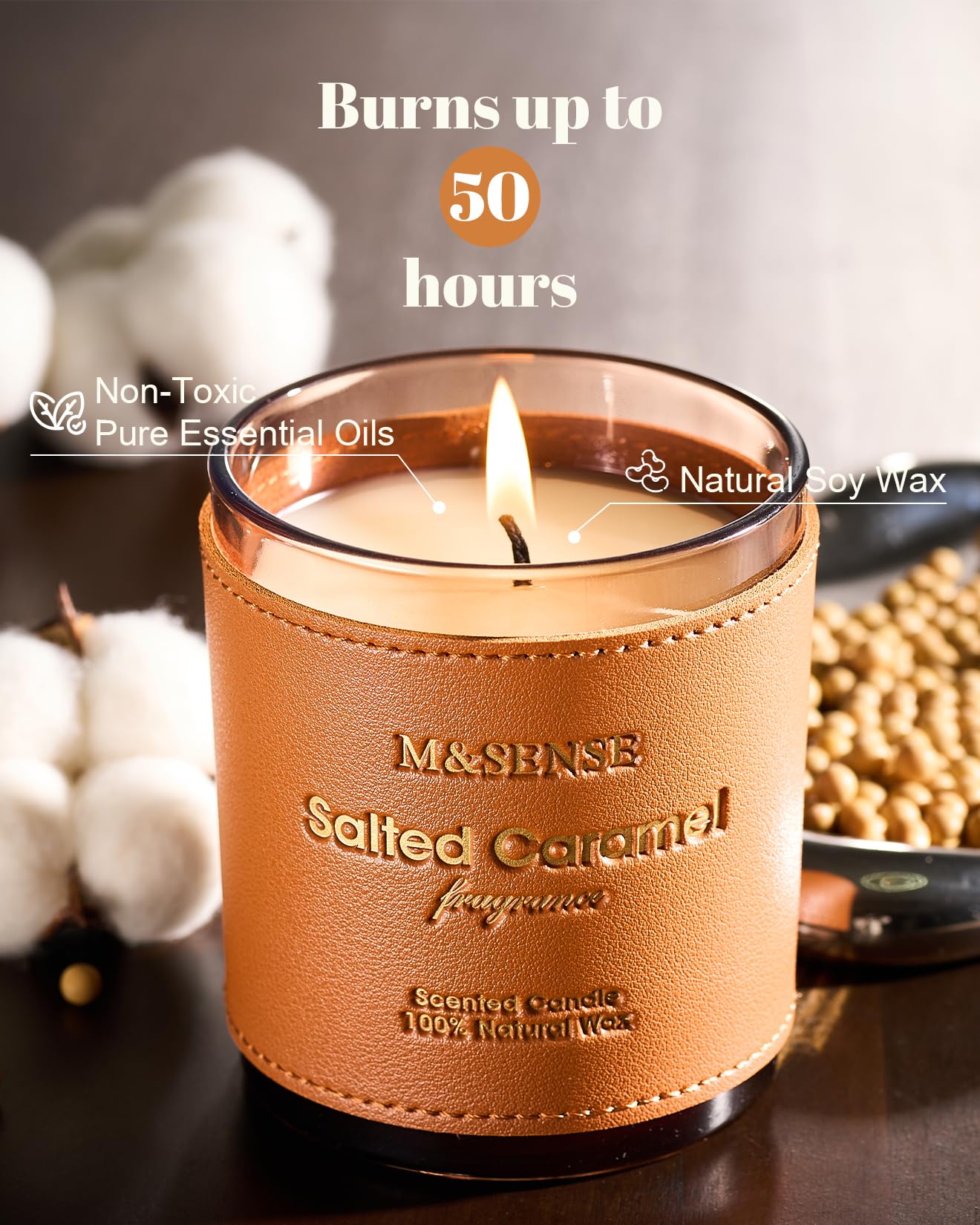 M&SENSE Caramel Vanilla Scented Vegan Soy Candle | 10oz, 42-Hour Slow Burn | Leather-Jacket Jar