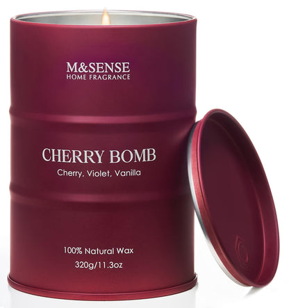 M&SENSE Cherry Bomb Scented Candle - Natural Soy Wax, 11.3 oz, 70 Hours Burn