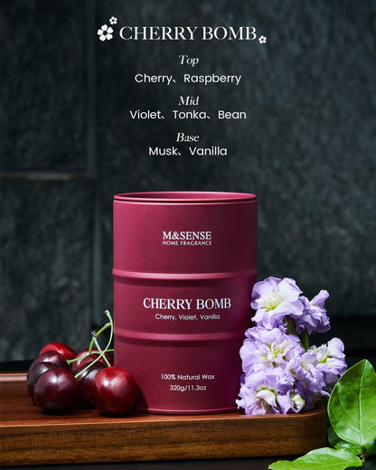 M&SENSE Cherry Bomb Scented Candle - Natural Soy Wax, 11.3 oz, 70 Hours Burn