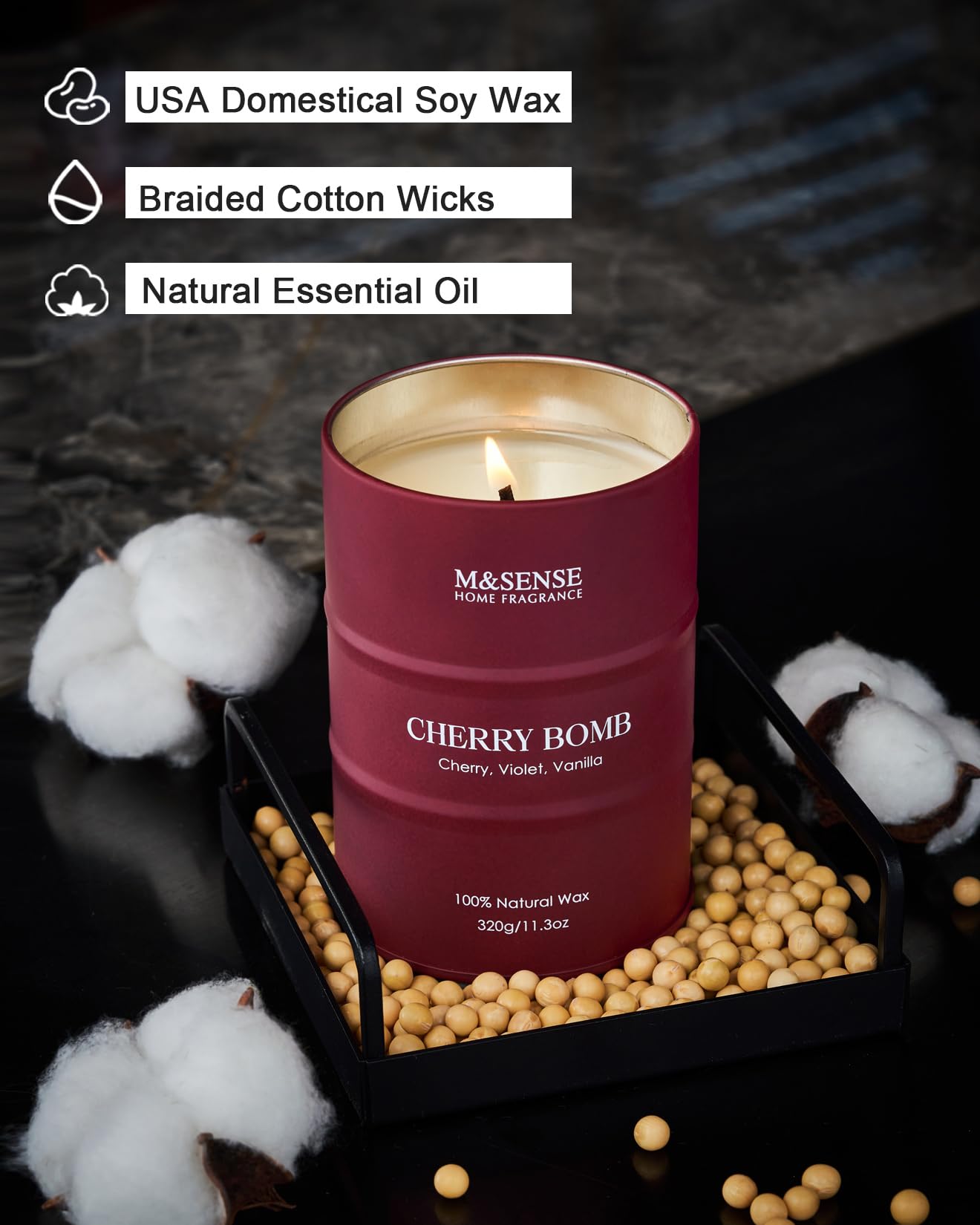 M&SENSE Cherry Bomb Scented Candle - Natural Soy Wax, 11.3 oz, 70 Hours Burn