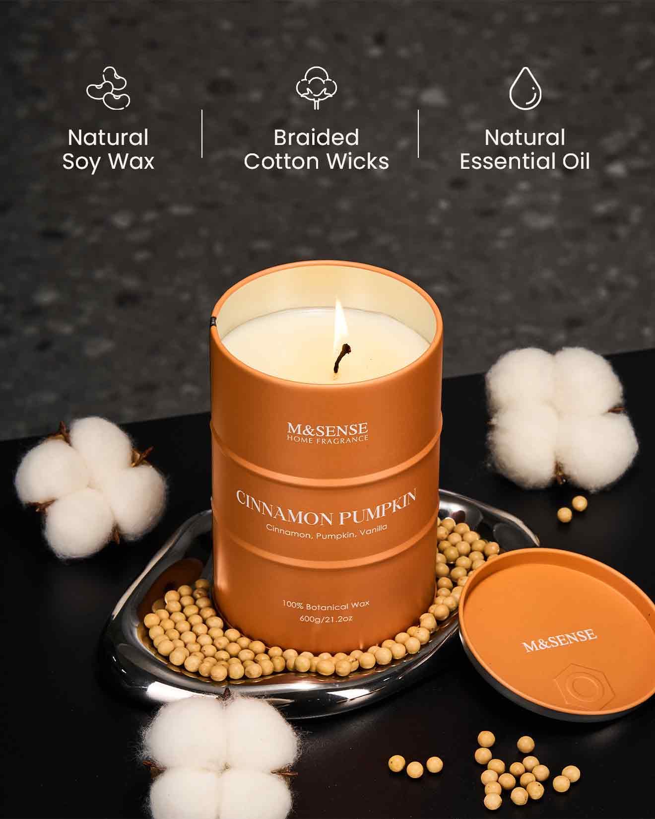 M&SENSE Cinnamon Pumpkin Scented Candle — 21.2oz Natural Soy, 120-Hour Burn