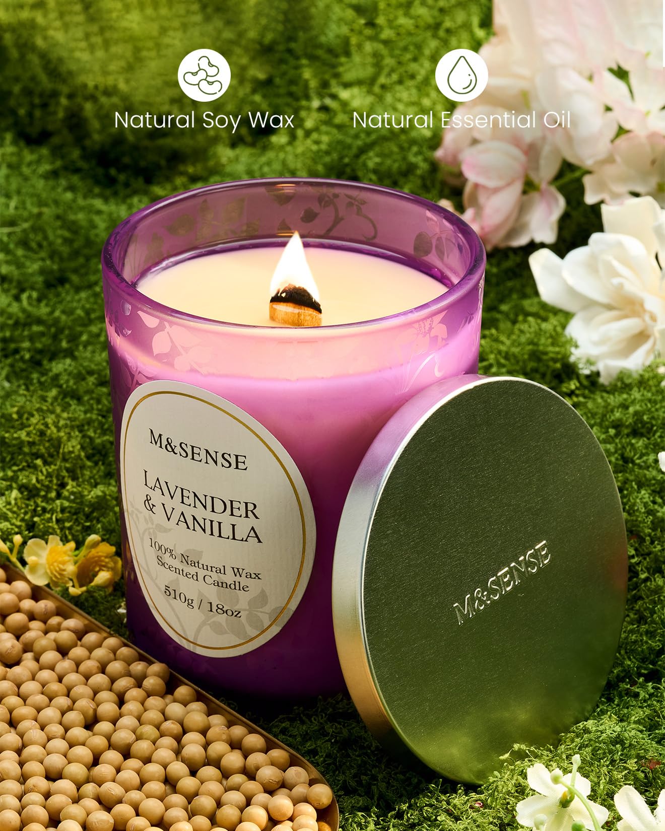 M&SENSE Lavender Vanilla Candle | 18oz Soy Wax, Wooden Wick, 100+ Hours