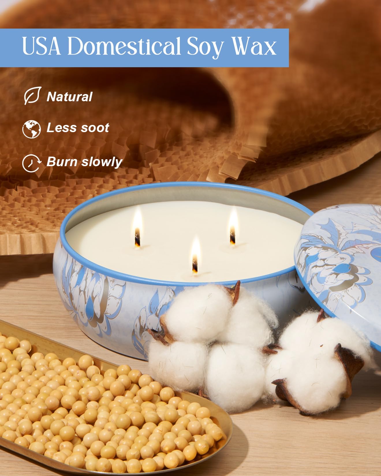 M&SENSE Clean Cotton 3-Wick Soy Tin Candle – 40-50h Burn, Vegan Wax