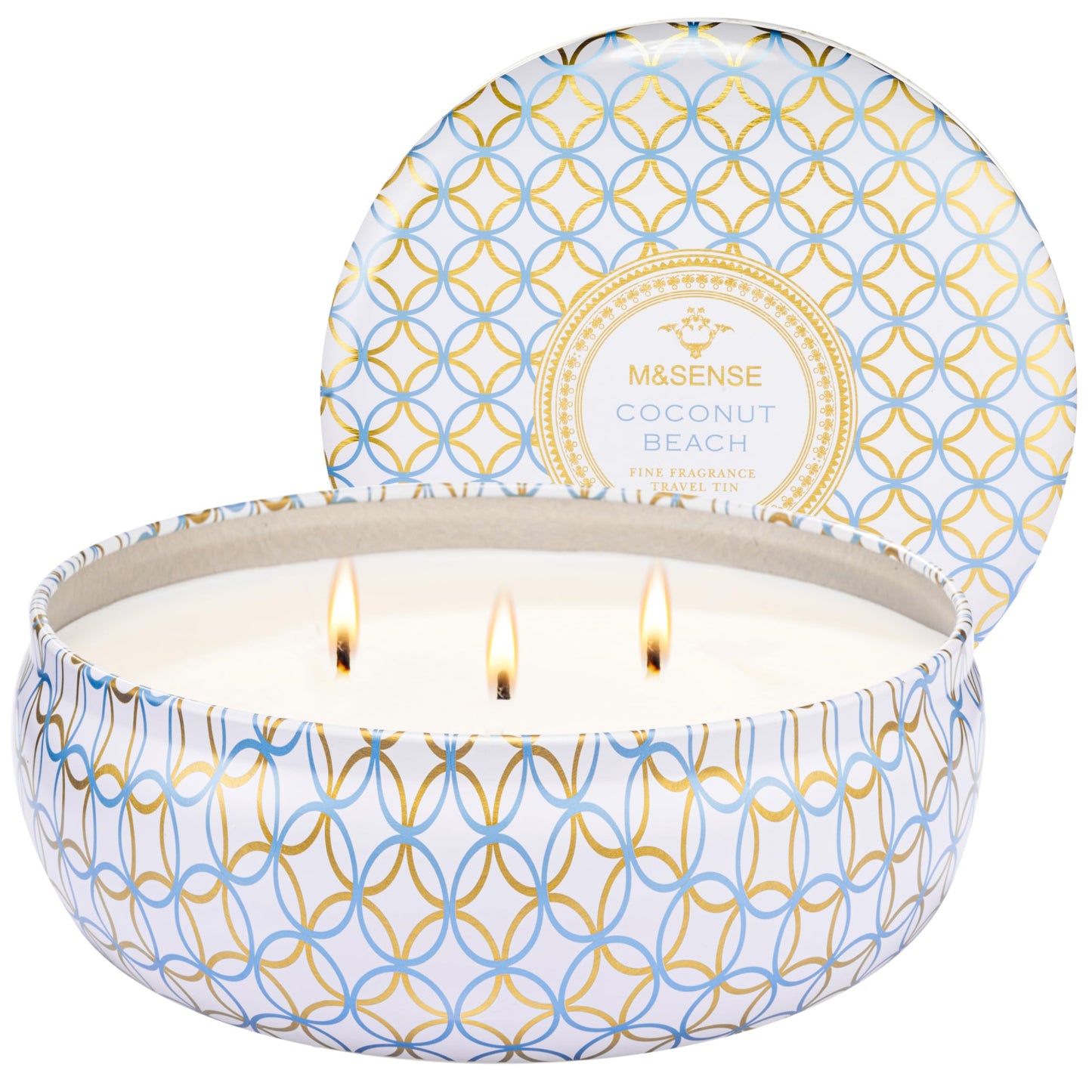 M&SENSE Coconut Beach Scented Candles | 3 Wick Soy Tin – 40+ Hour Burn, 100% Natural Vegan Wax