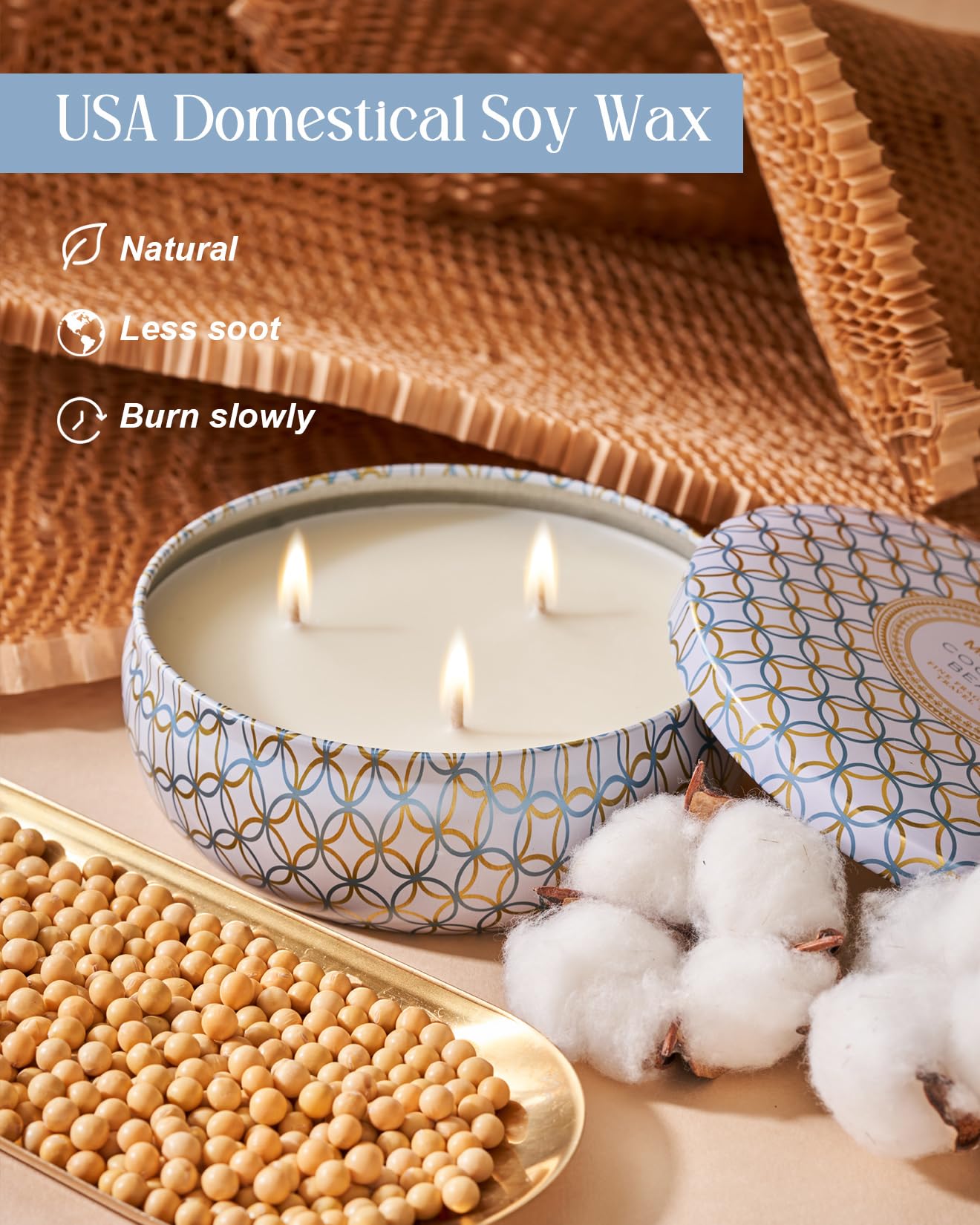 M&SENSE Coconut Beach Scented Candles | 3 Wick Soy Tin – 40+ Hour Burn, 100% Natural Vegan Wax