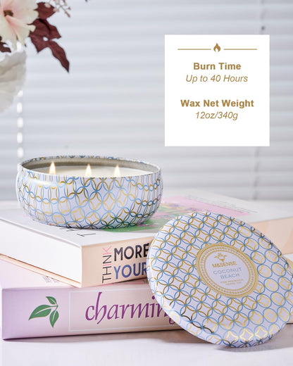 M&SENSE Coconut Beach Scented Candles | 3 Wick Soy Tin – 40+ Hour Burn, 100% Natural Vegan Wax