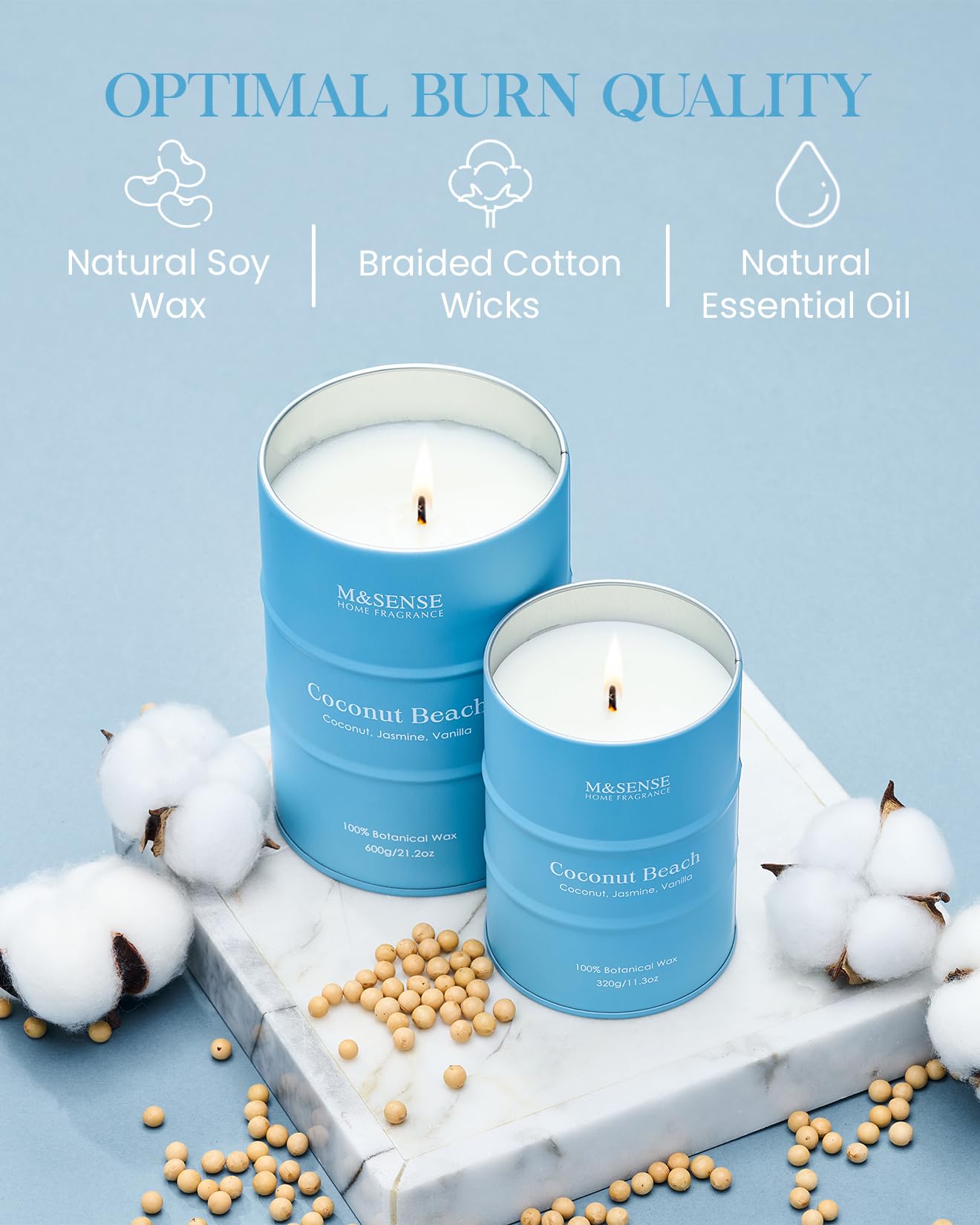 M&SENSE Coconut Beach Scented Candle – 11.3oz Soy Wax, 70 Hour Burn Time