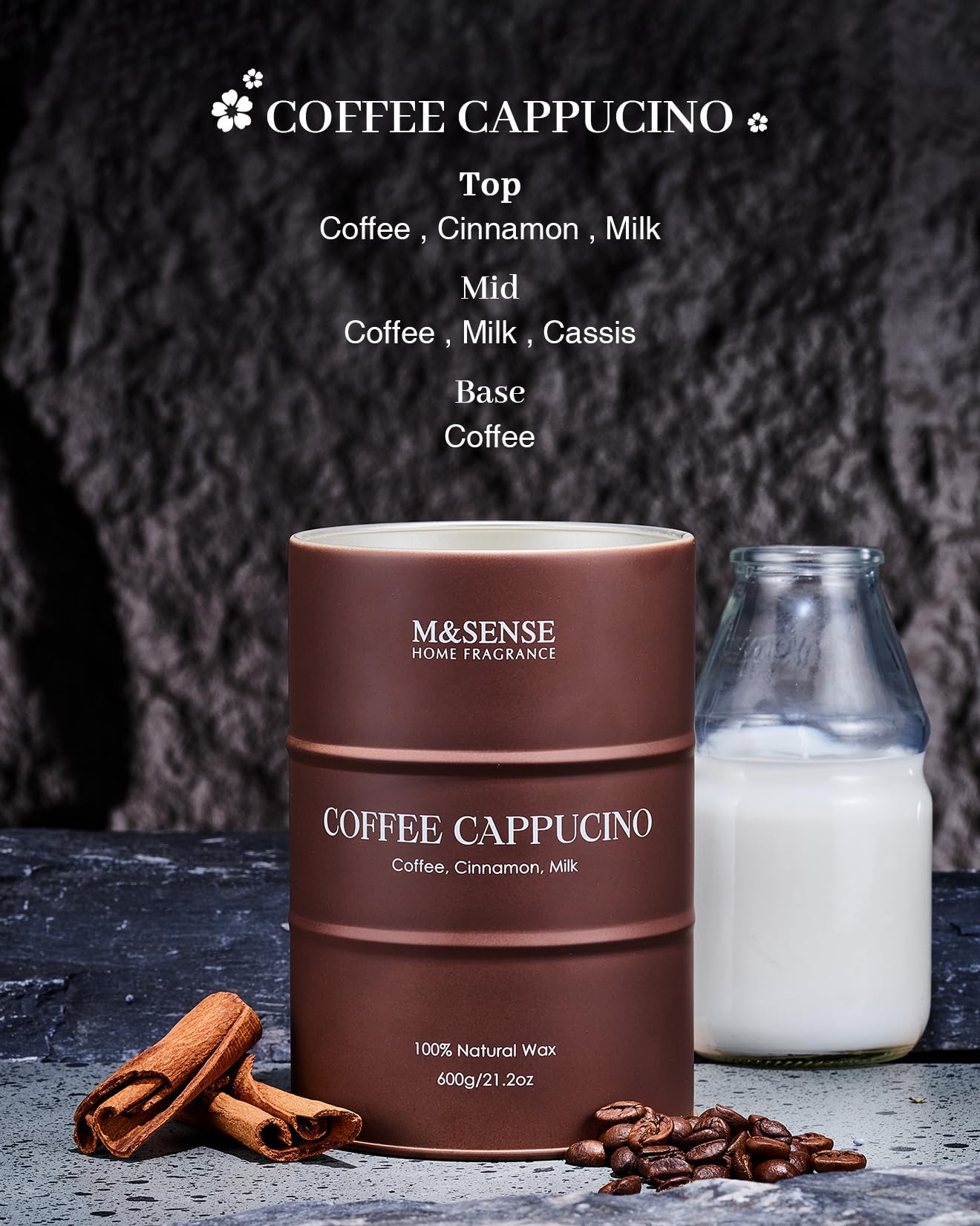 M&SENSE Coffee Cappucina Soy Wax Candle – 21.2oz, 120h Burn, Gift Box