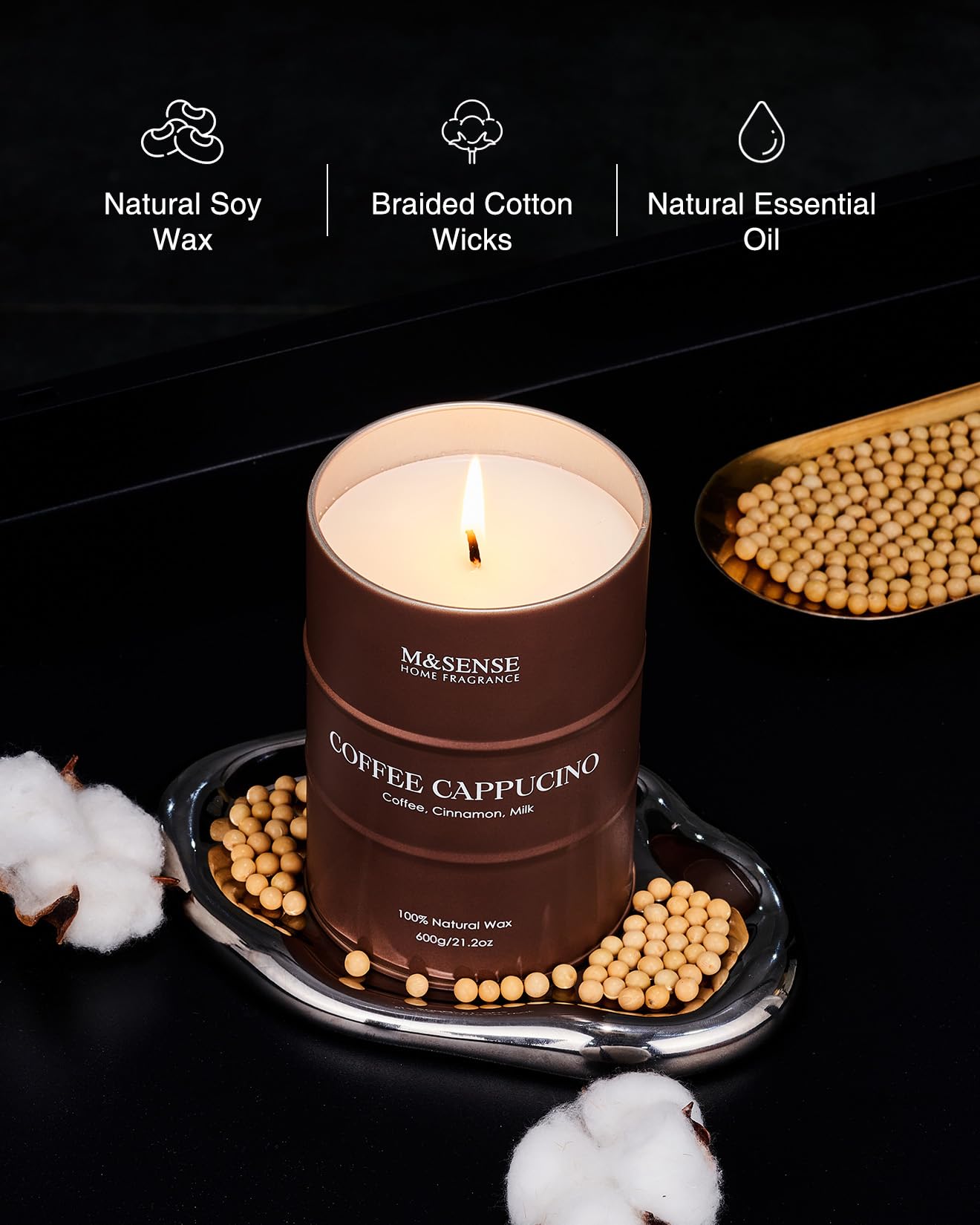 M&SENSE Coffee Cappucina Soy Wax Candle – 21.2oz, 120h Burn, Gift Box