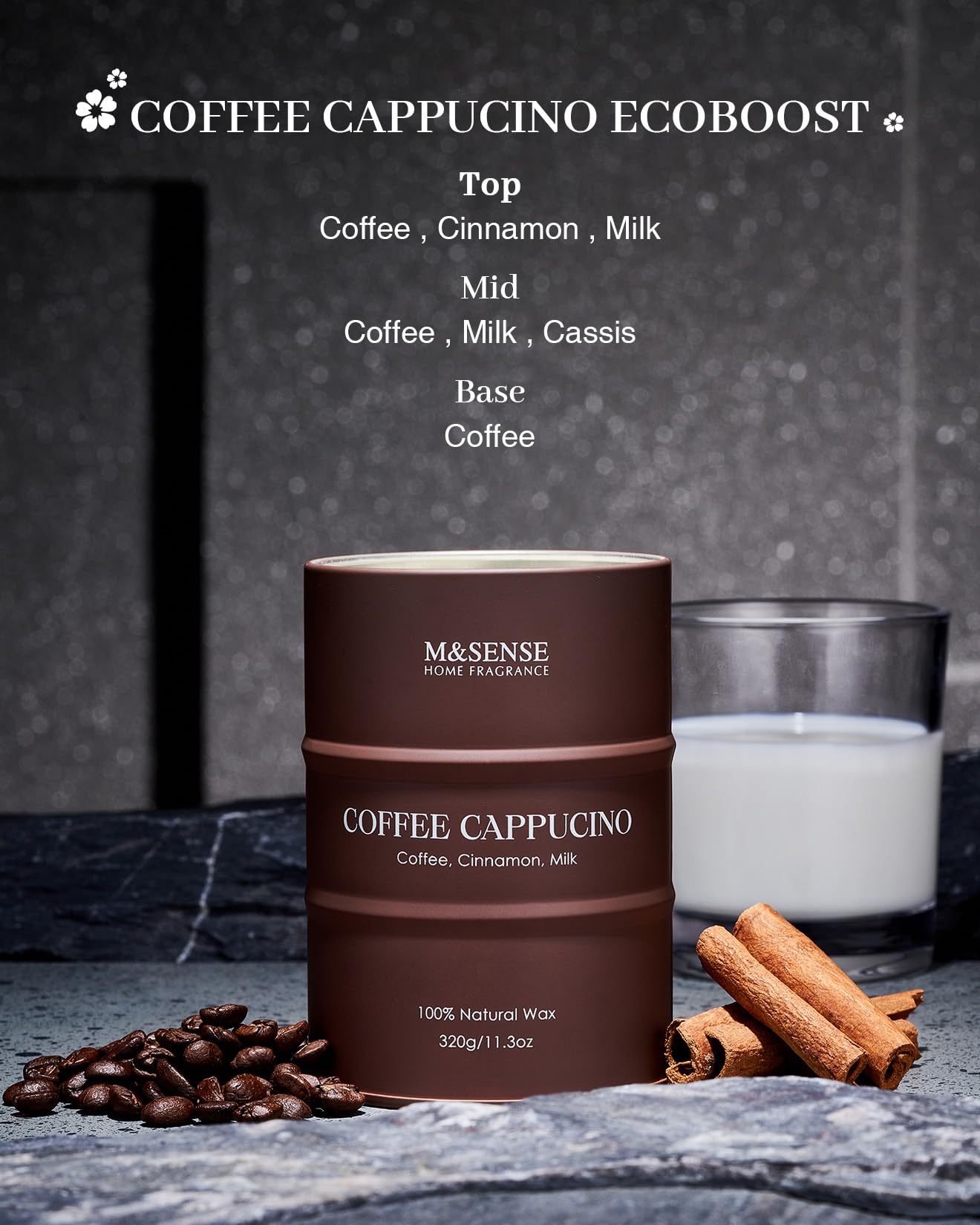 M&SENSE Coffee Cappucina Soy Wax Candle 11.3oz | 60-70h Burn Time