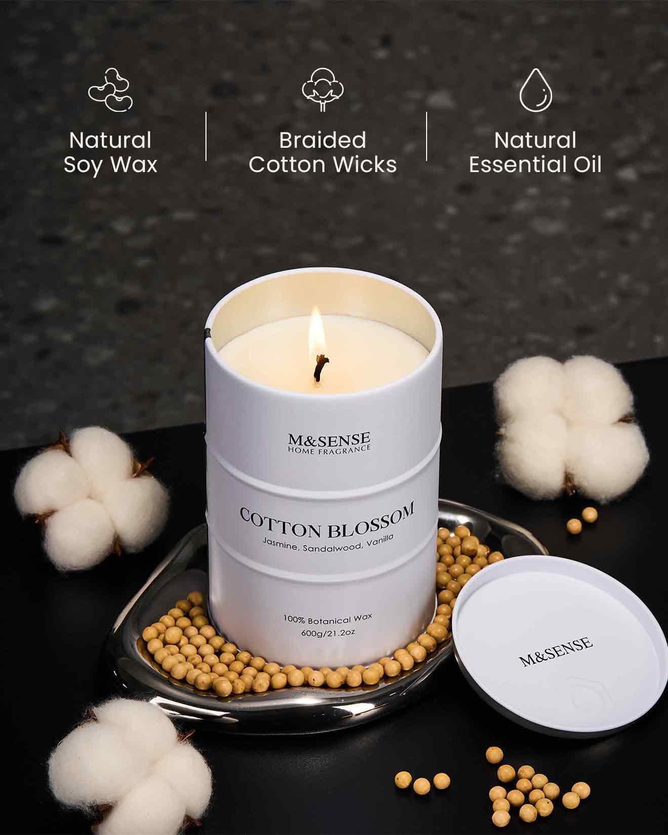 M&SENSE Cotton Blossom Scented Candles - Large 21.6oz Natural Soy Wax, 120-Hour Burn Time