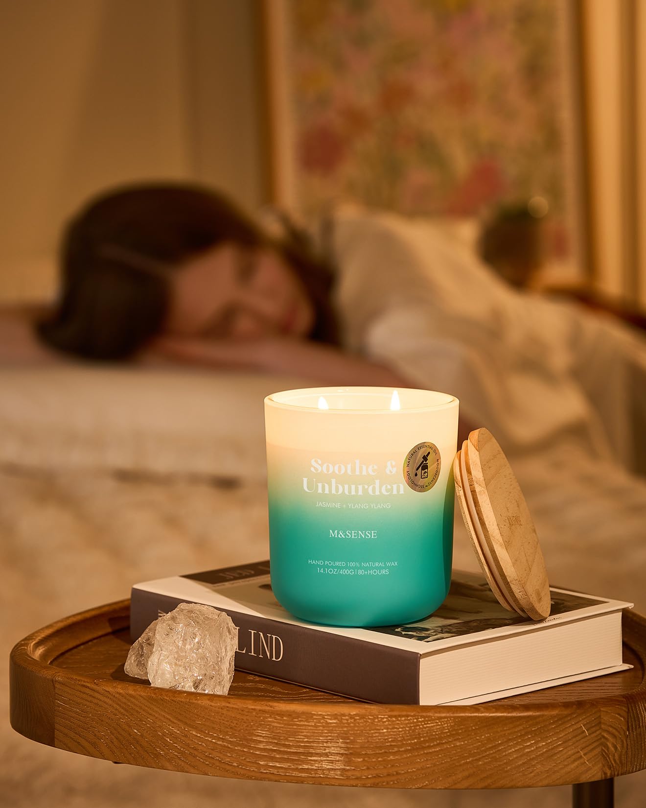 M&SENSE Jasmine & YlangYlang Scented Candle – 14.1oz, 80 Hours, Non-Toxic Soy Wax