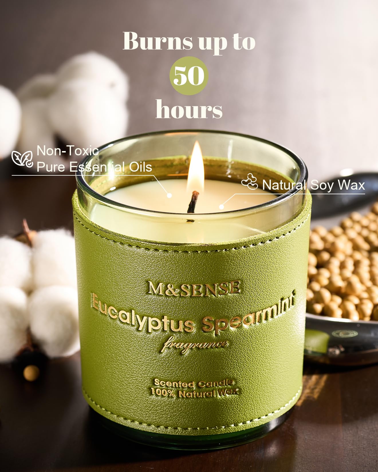 M&SENSE Eucalyptus Mint Scented Vegan Soy Candle – 10oz, 42-Hour Burn Time