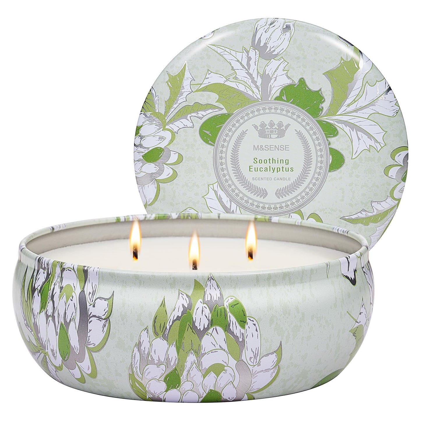 M&SENSE Soothing Eucalyptus 3-Wick Soy Candle - 12oz, 40-50h Burn, Vegan Wax