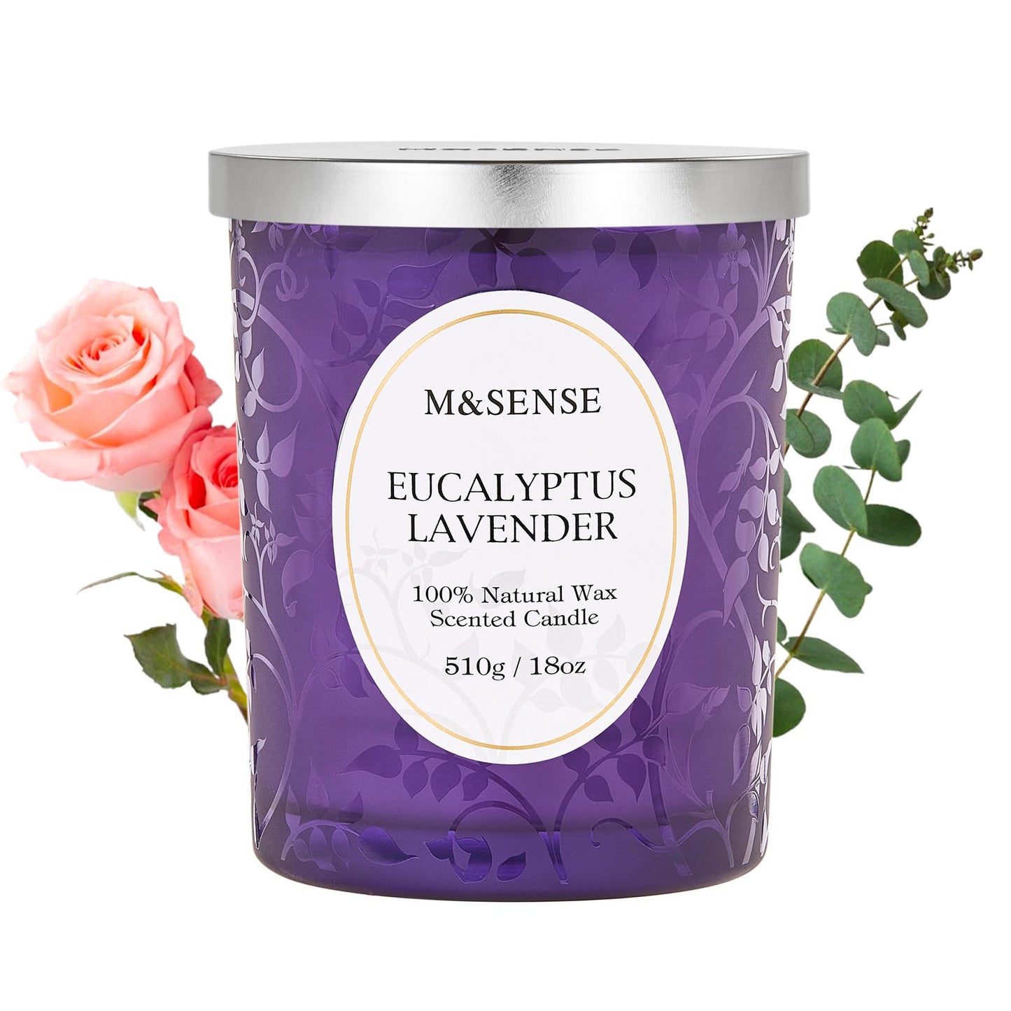 M&SENSE Eucalyptus Lavender Candle – 18oz, 100+ Hours, Wooden Wick, Non-Toxic