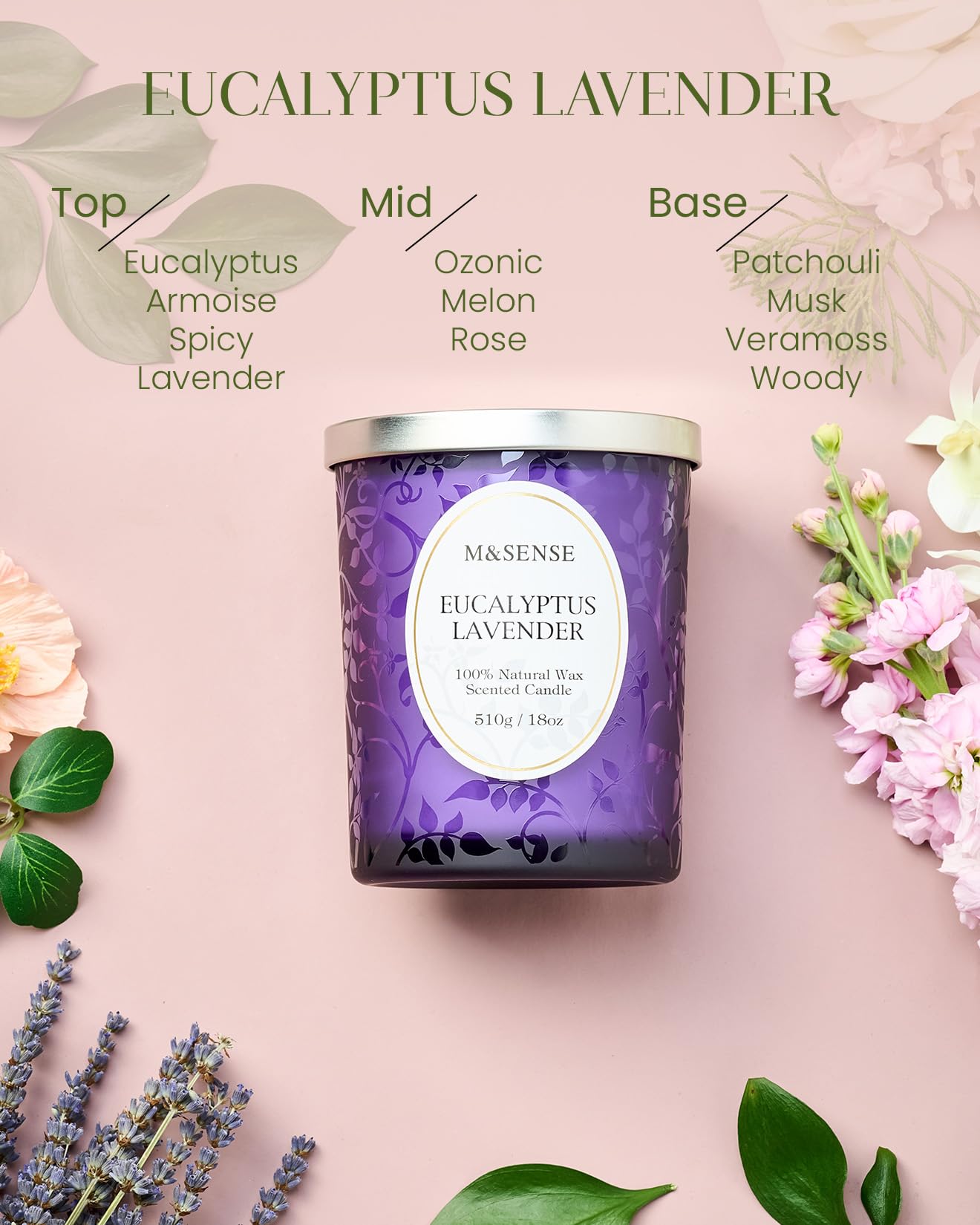 M&SENSE Eucalyptus Lavender Candle – 18oz, 100+ Hours, Wooden Wick, Non-Toxic