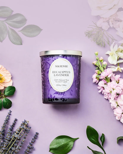 M&SENSE Eucalyptus Lavender Candle – 18oz, 100+ Hours, Wooden Wick, Non-Toxic