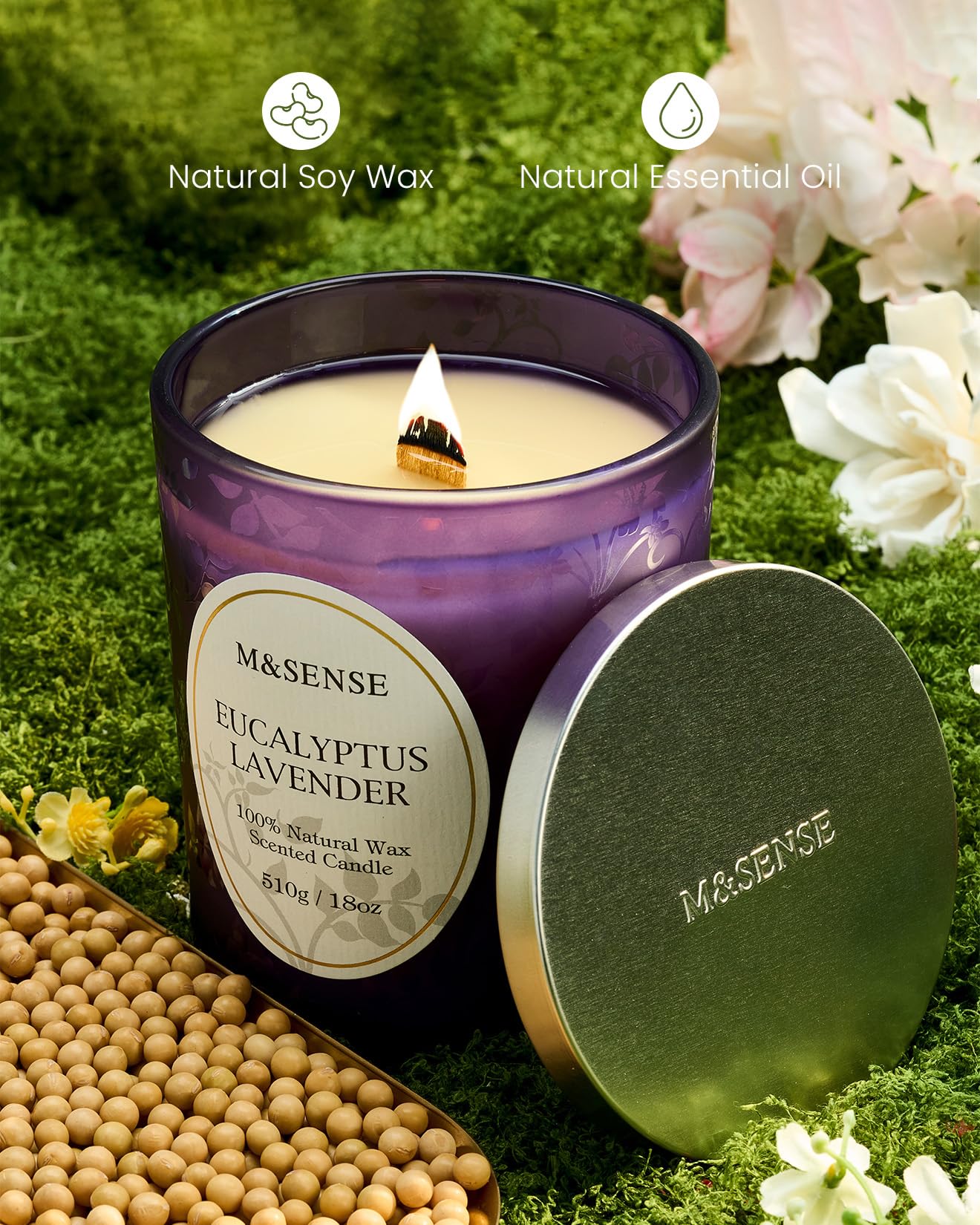 M&SENSE Eucalyptus Lavender Candle – 18oz, 100+ Hours, Wooden Wick, Non-Toxic