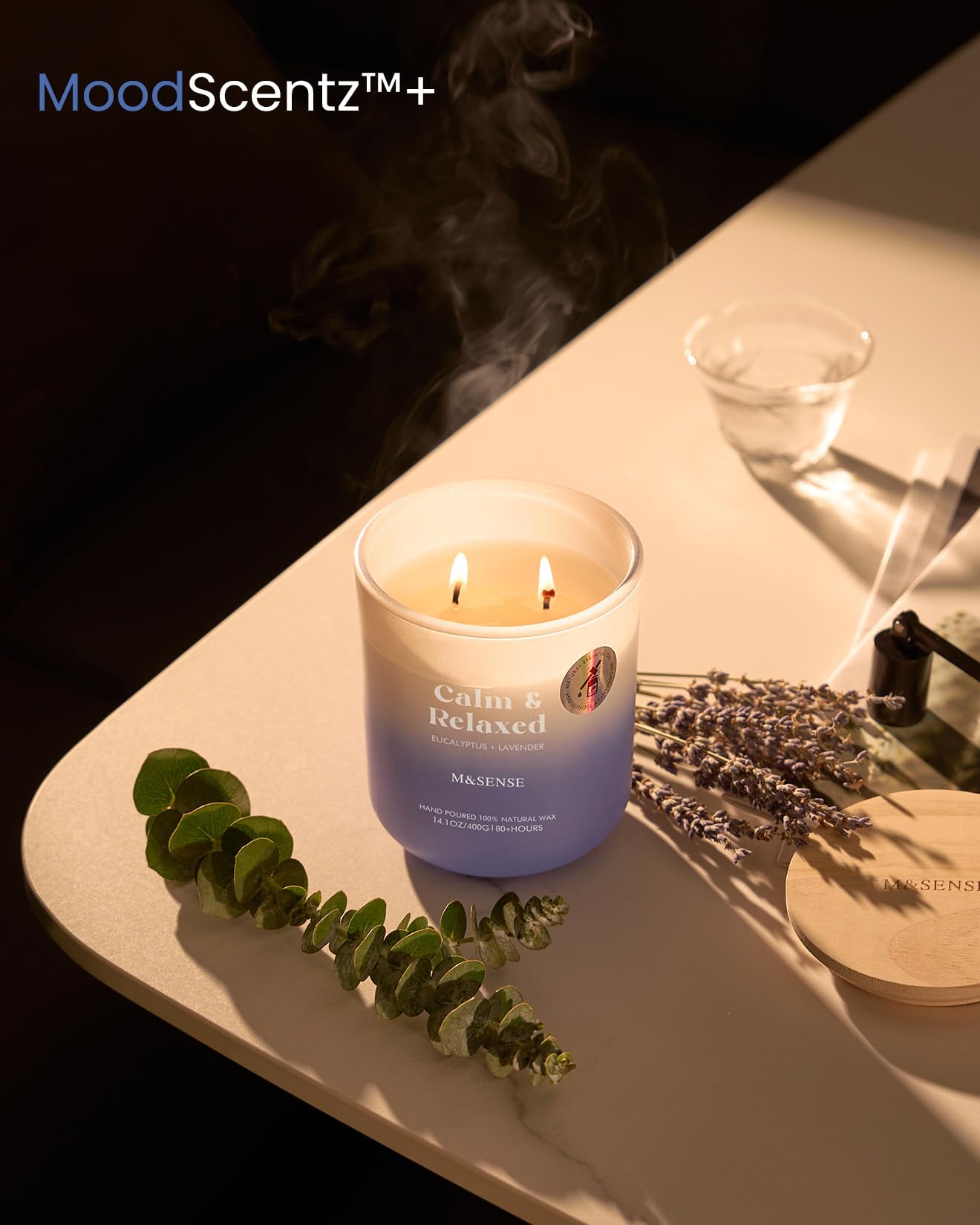 M&SENSE Eucalyptus Lavender Scented Candle – 14.1oz, 80-Hour Burn Time, MoodScentz Certified, Non-Toxic Soy Wax, Aromatherapy