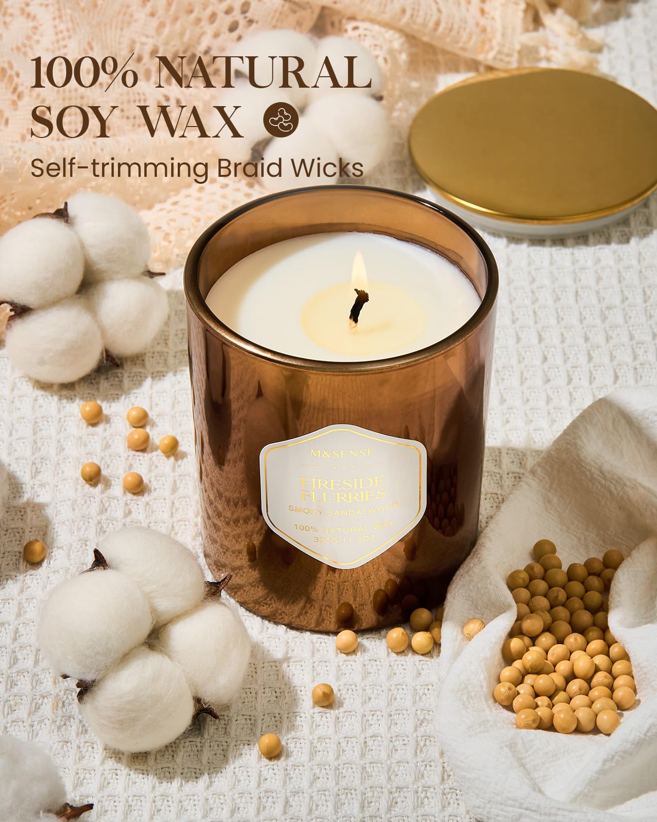 M&SENSE Fireside Flurries Candle - 11.3oz Smoky Sandalwood, 70 Hours Burn Time | Natural Soy Wax, Non-Toxic