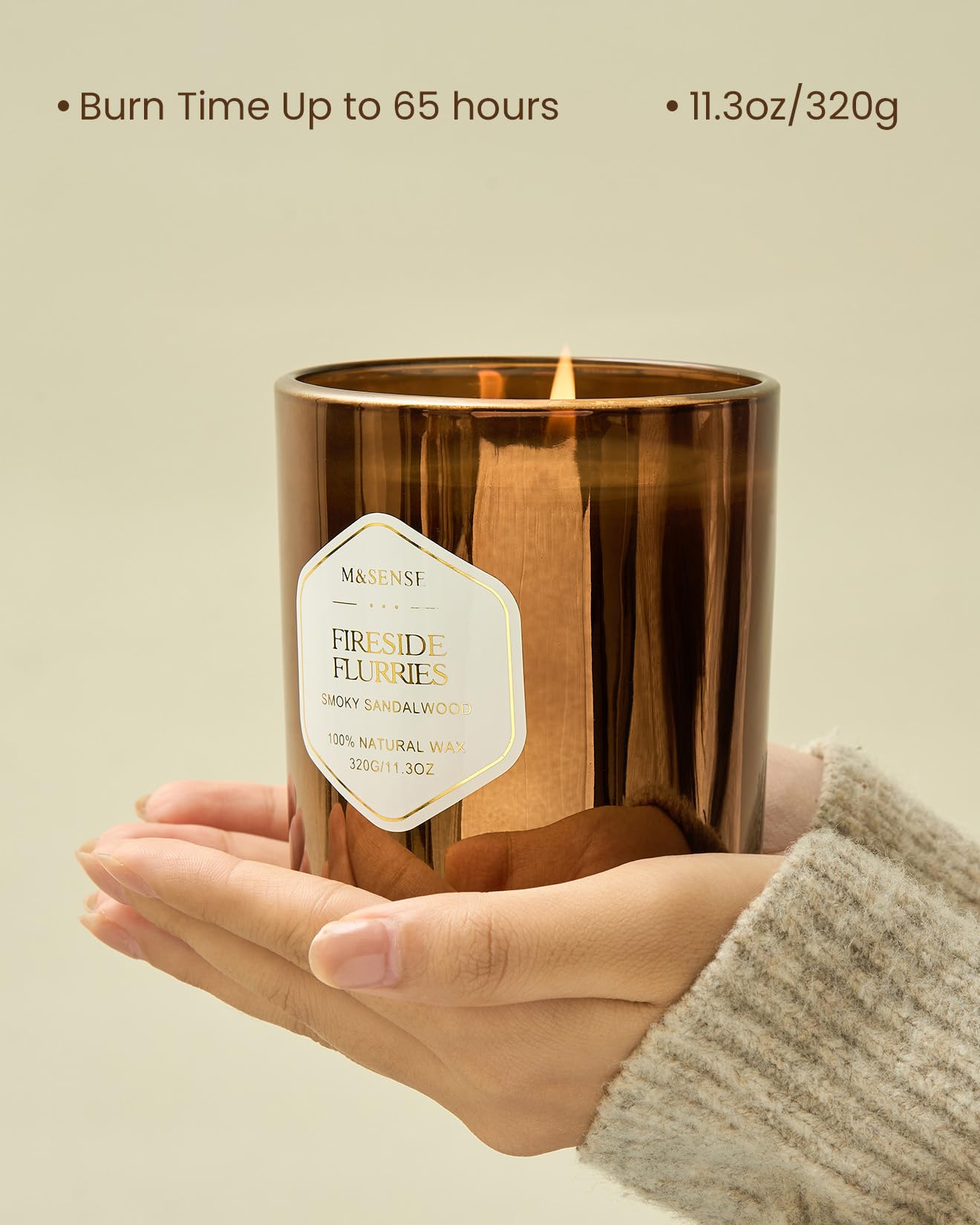 M&SENSE Fireside Flurries Candle - 11.3oz Smoky Sandalwood, 70 Hours Burn Time | Natural Soy Wax, Non-Toxic