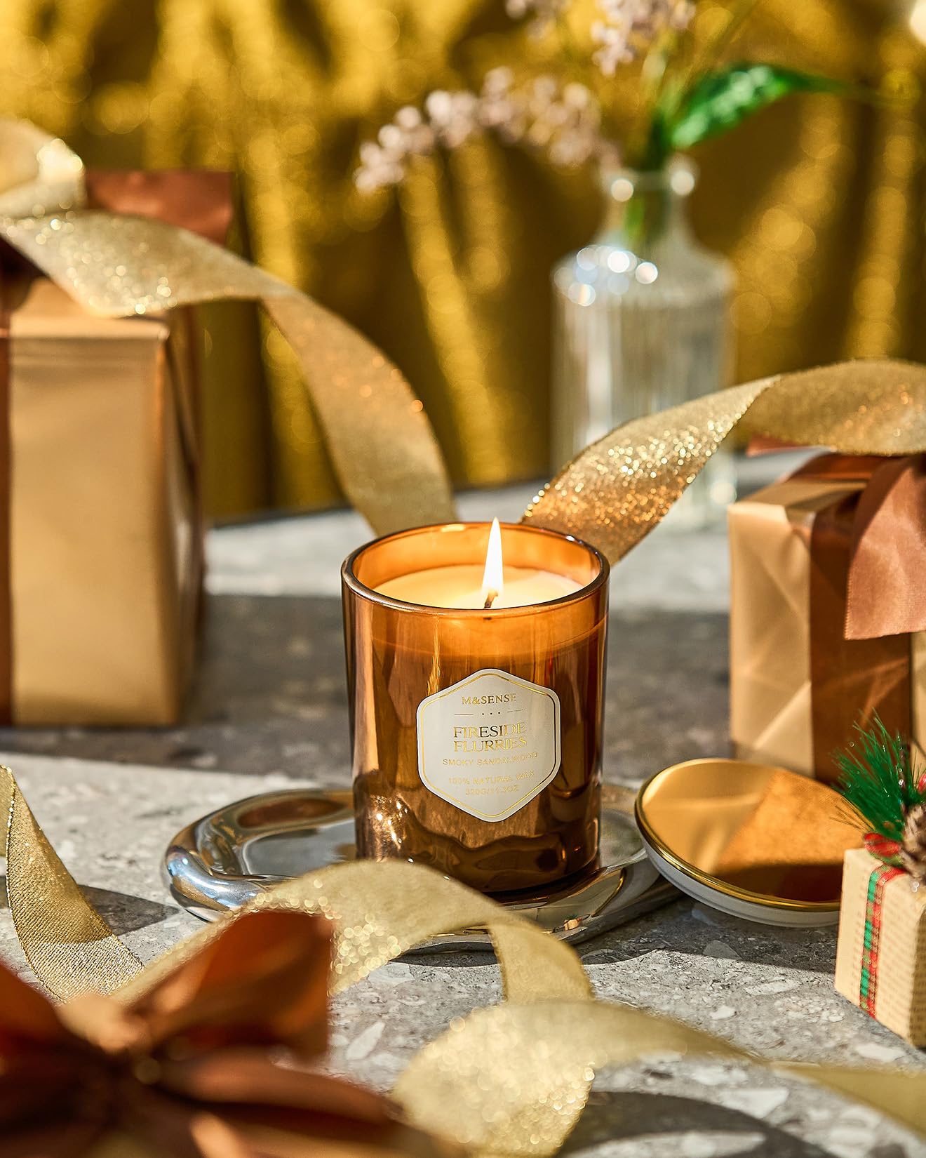 M&SENSE Fireside Flurries Candle - 11.3oz Smoky Sandalwood, 70 Hours Burn Time | Natural Soy Wax, Non-Toxic