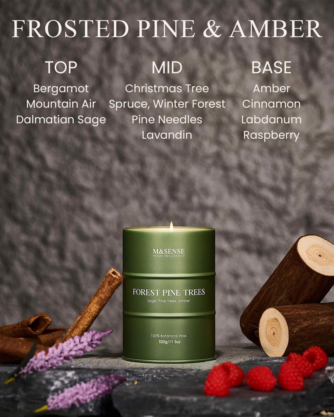 M&SENSE Frosted Pine Scented Candle – Natural Soy Blend, 11.3oz, 70-Hour Burn
