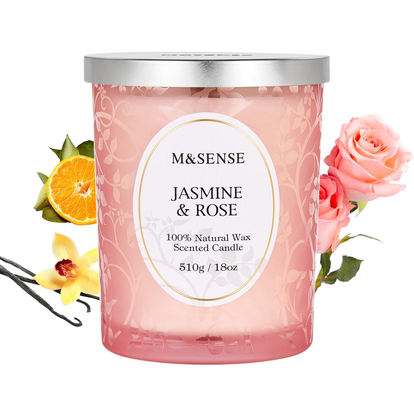 M&SENSE Jasmine Rose Candle | Crackling Wooden Wick, 18oz Soy Wax | 100+ Hours Burn | Non-Toxic Aromatherapy Gift