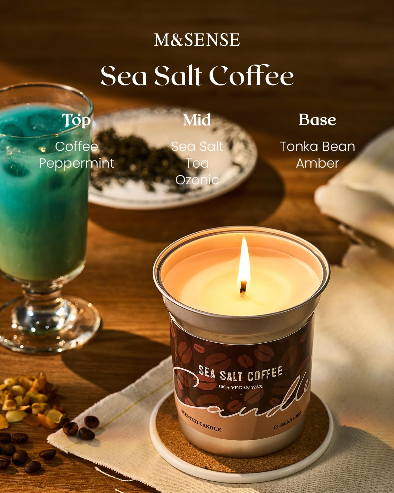 M&SENSE Iced Coffee Candle – 12.3oz Soy Wax, Sea Salt Scent, 75 Hours