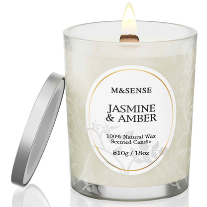 M&SENSE Jasmine Amber Candle – 18oz Soy Wax, Crackling Wooden Wick, 100-Hour Clean Burn