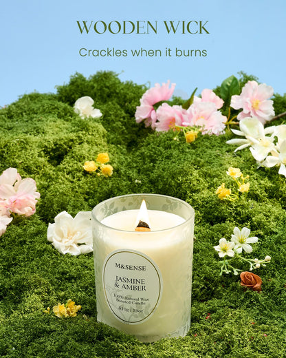 M&SENSE Jasmine Amber Candle – 18oz Soy Wax, Crackling Wooden Wick, 100-Hour Clean Burn