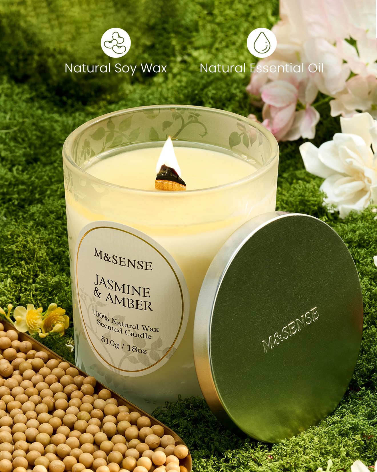 M&SENSE Jasmine Amber Candle – 18oz Soy Wax, Crackling Wooden Wick, 100-Hour Clean Burn
