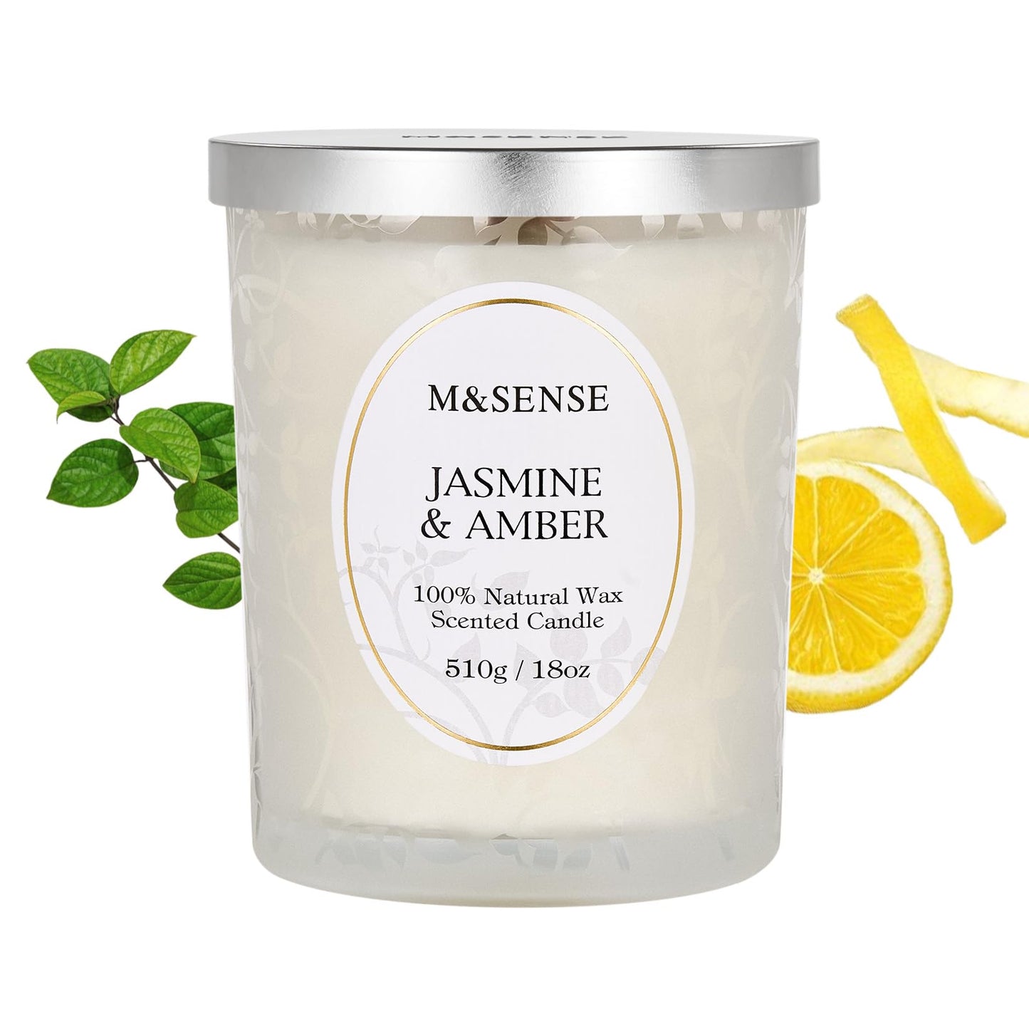 M&SENSE Jasmine Amber Candle – 18oz Soy Wax, Crackling Wooden Wick, 100-Hour Clean Burn