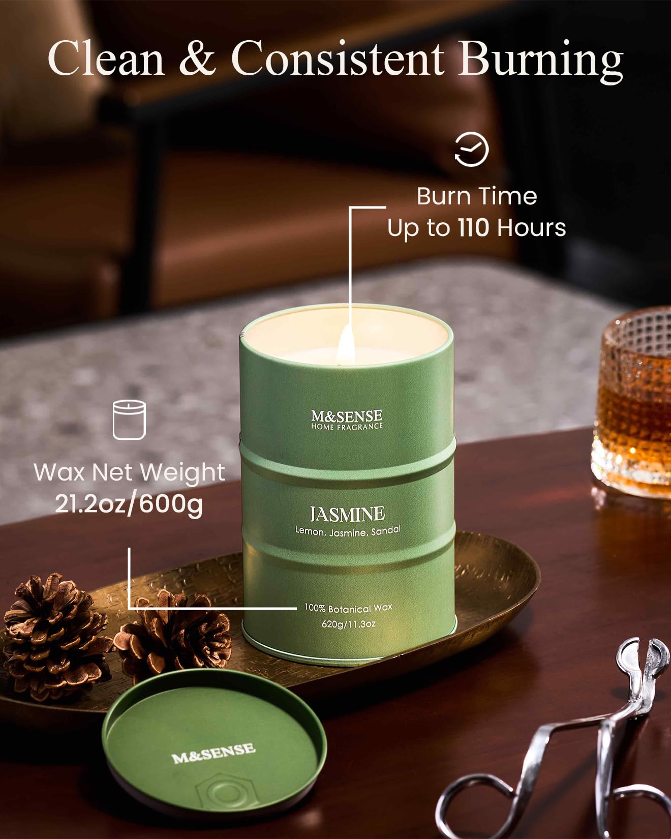 M&SENSE Jasmine Scented Candle – 21.2oz Natural Soy, 120-Hour Slow Burn | Aromatherapy