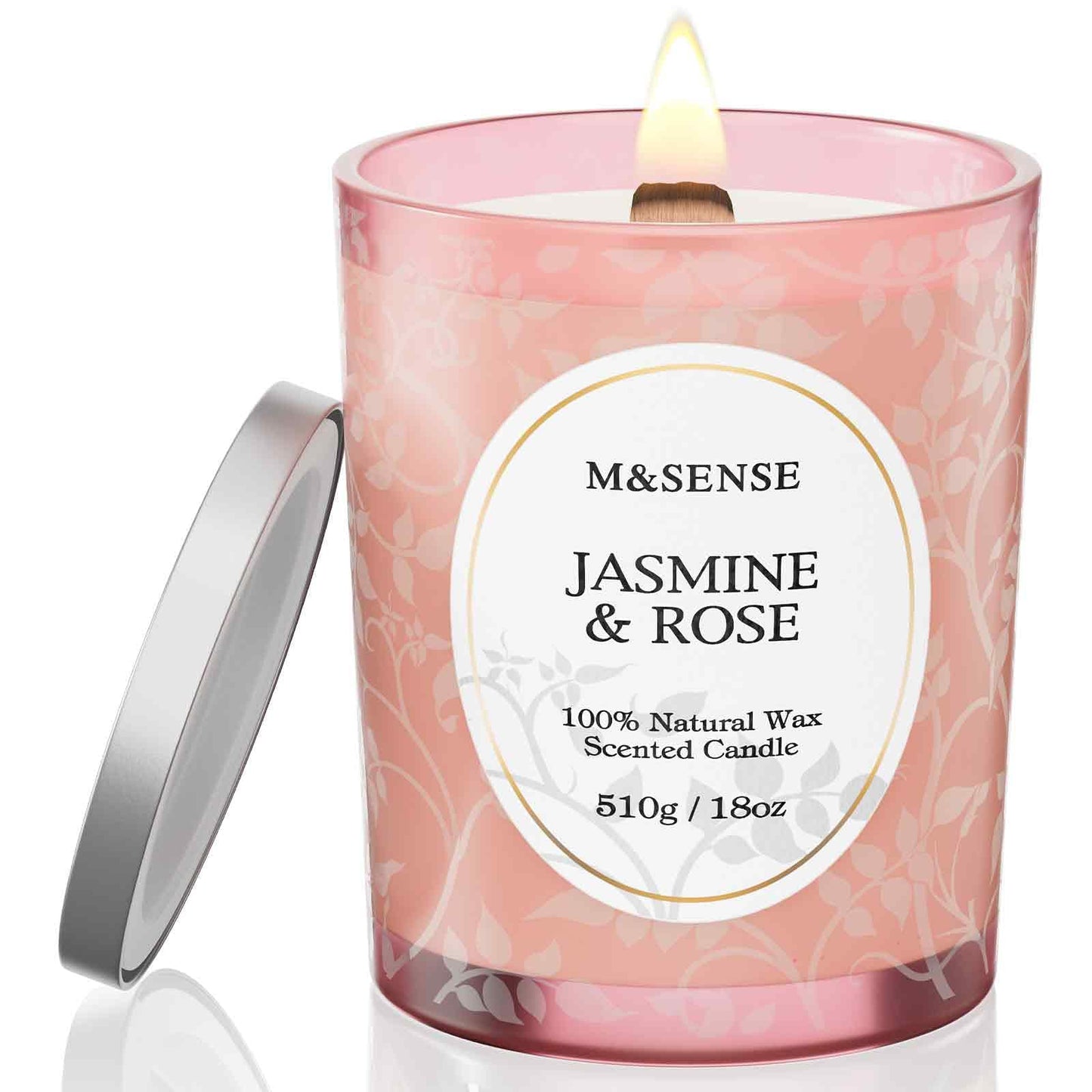 M&SENSE Jasmine Rose Candle | Crackling Wooden Wick, 18oz Soy Wax | 100+ Hours Burn | Non-Toxic Aromatherapy Gift